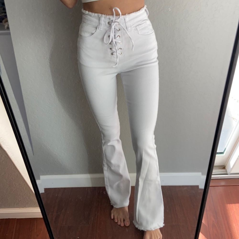 White Lace Up Jeans